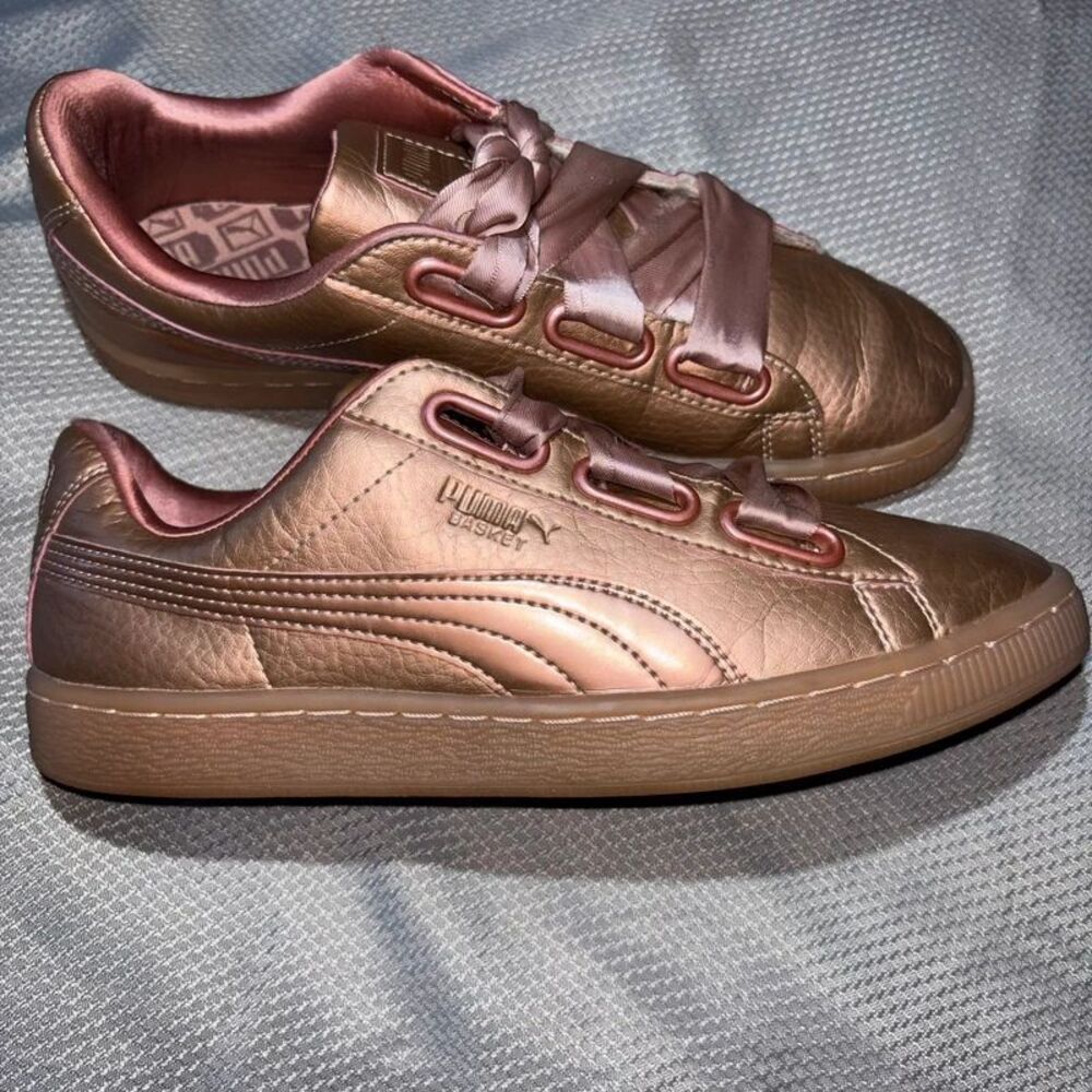 Women’s Puma Basket Heart Retro Rose Gold Copper Low Top Satin Laces Sneakers